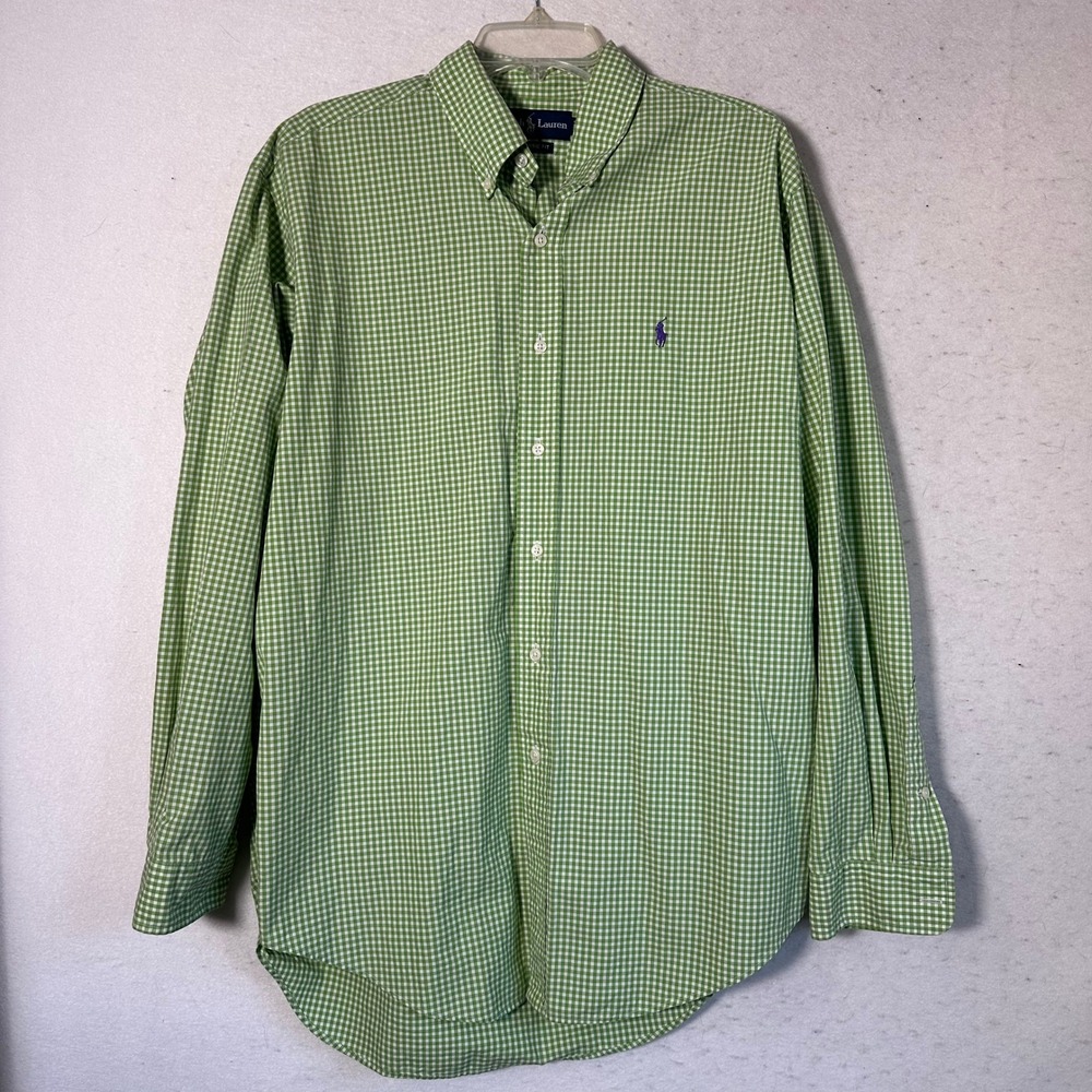 Ralph Lauren Classic Fit Gingham Shirt Mens Large Green White Long Sleeve Pony